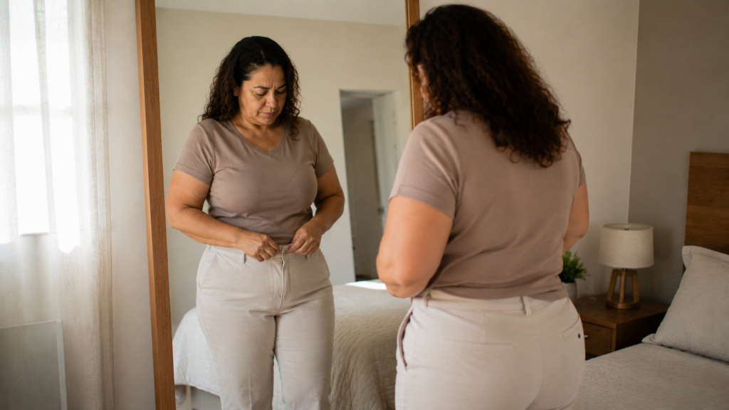 Mulher de meia-idade ajustando a roupa na cintura durante uma mudança corporal cotidiana.