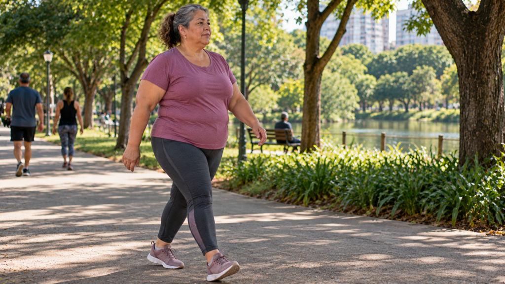 Mulher de meia-idade caminhando em parque urbano durante atividade cotidiana.
