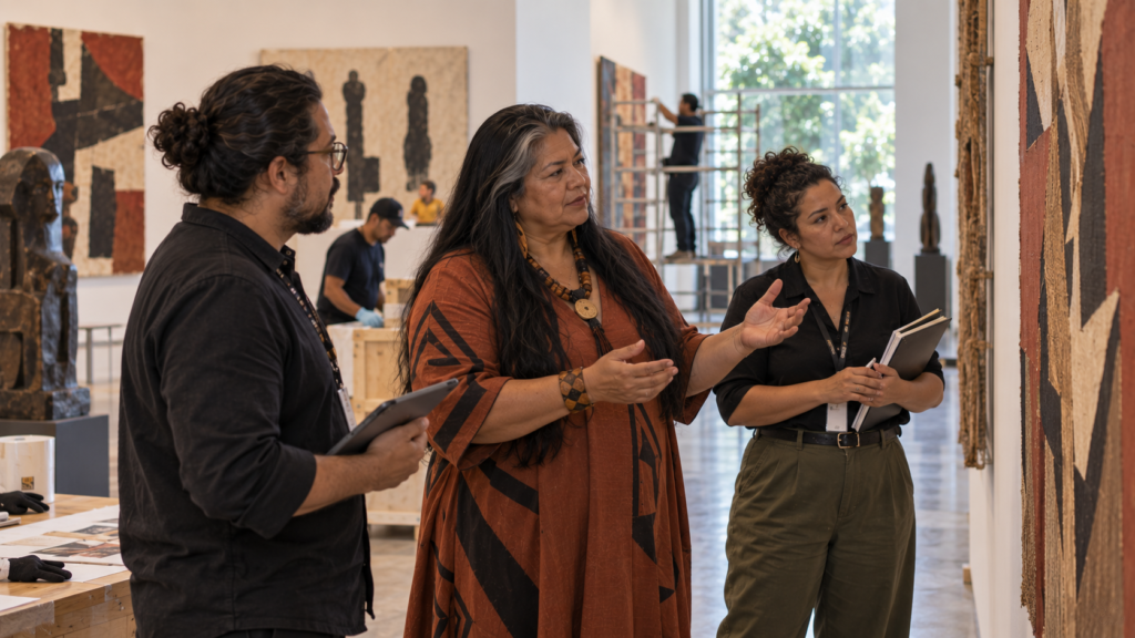 Curadora indígena brasileira de meia-idade acompanhando montagem de exposição em museu.
