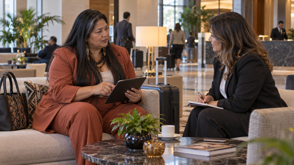 Empresária indígena brasileira de meia-idade em reunião informal durante viagem de trabalho.