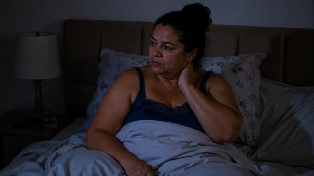 Mulher de meia-idade acordada durante a noite em quarto pouco iluminado.