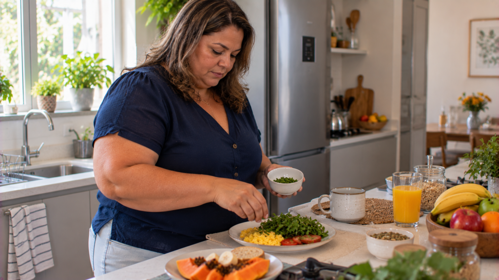 Mulher de meia-idade preparando uma refeição em cozinha doméstica durante sua rotina alimentar.