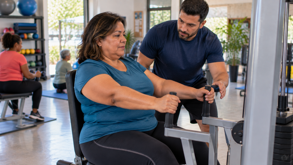 Mulher de meia-idade realizando treinamento de resistência com orientação profissional.
