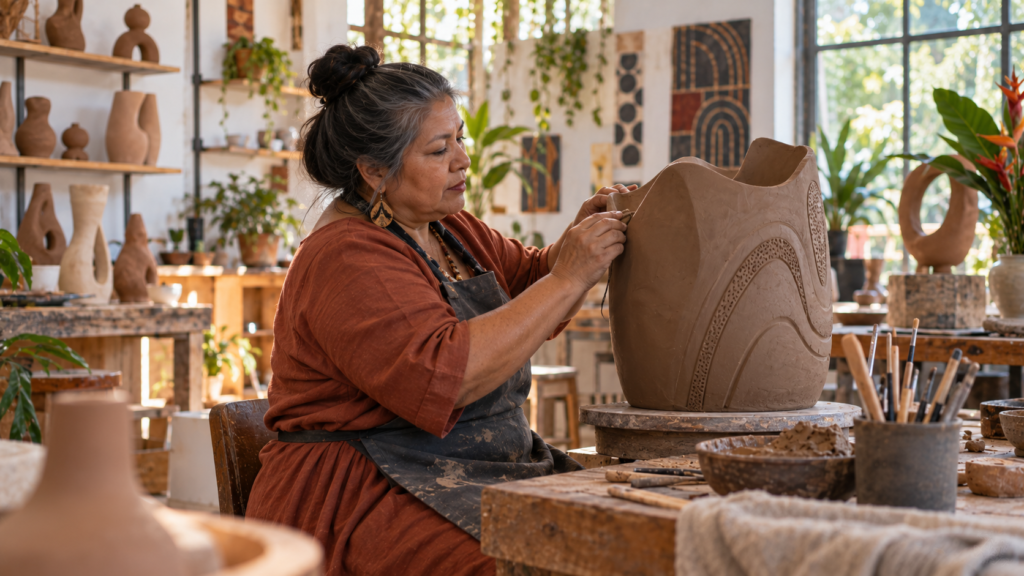 Artista ceramista indígena brasileira de meia-idade trabalhando em ateliê iluminado.