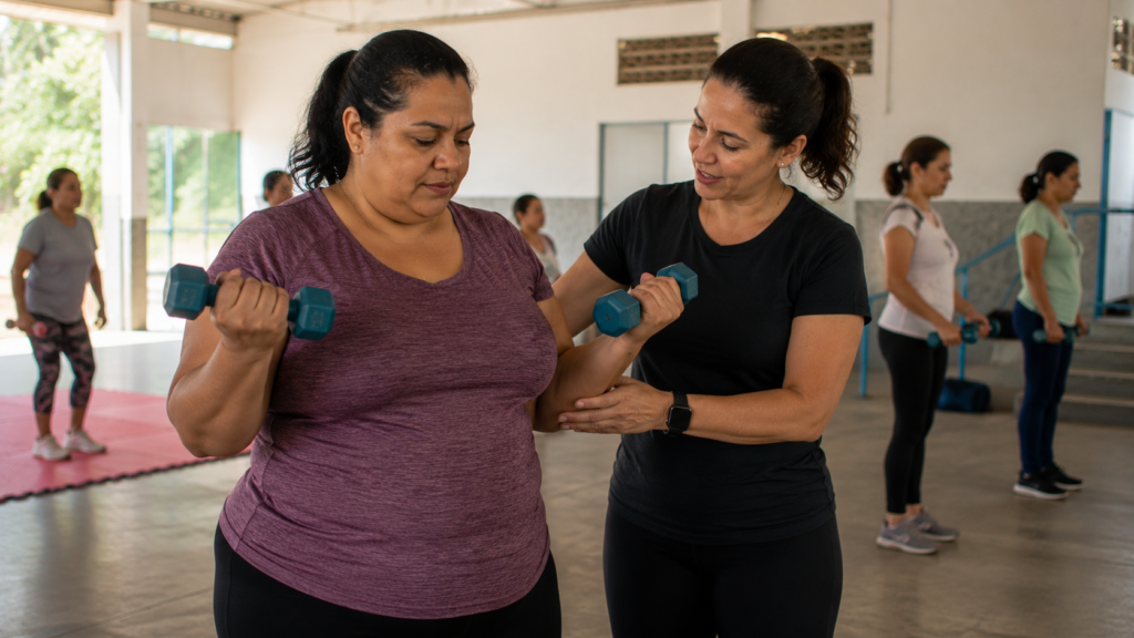 Mulher de meia-idade realizando exercício de força supervisionado.