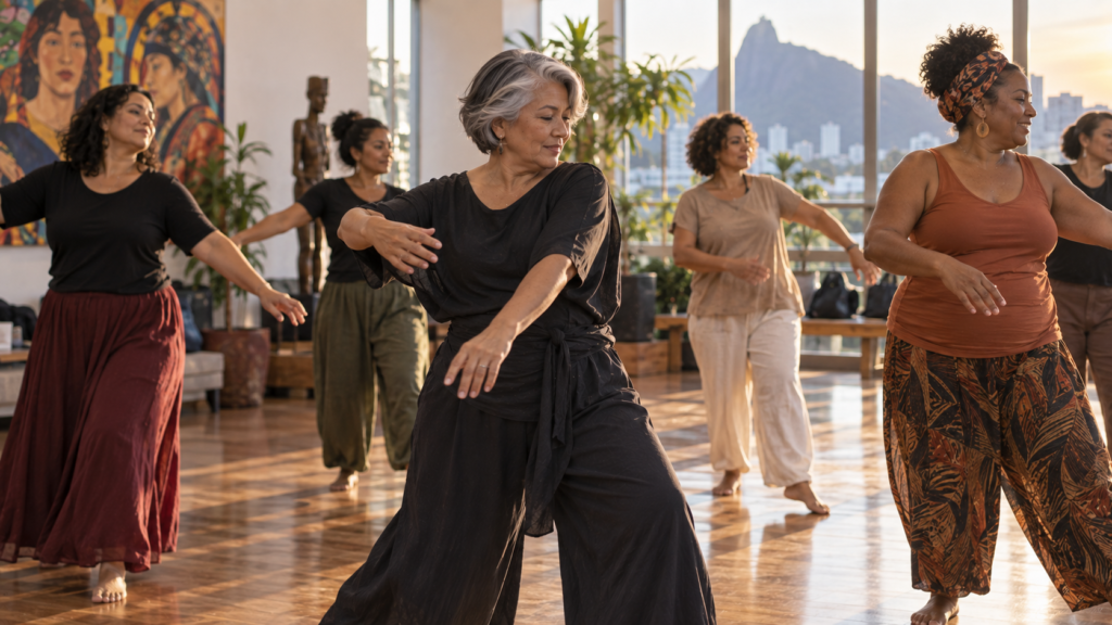 Mulher nipo-brasileira de meia-idade participando de aula recreativa de dança.