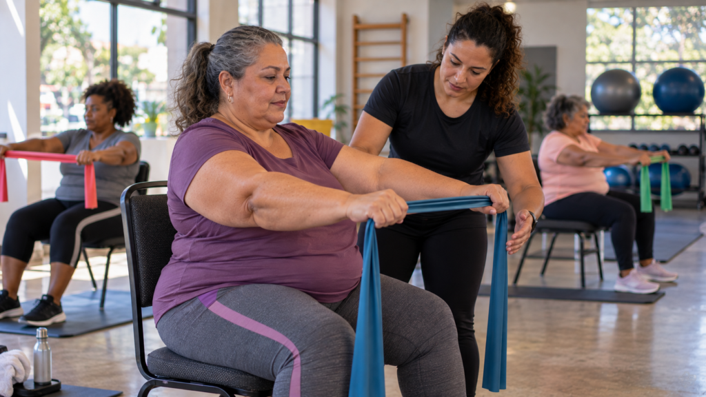Mulher na menopausa realizando exercício resistido sob orientação profissional.