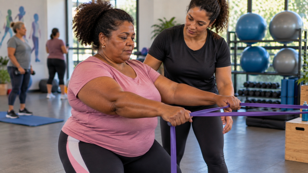 Mulher de meia-idade realizando exercício resistido com faixa elástica sob orientação.