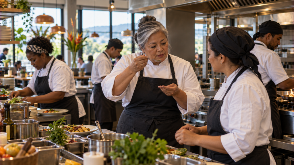 Chef brasileira de meia-idade coordenando equipe em restaurante contemporâneo.