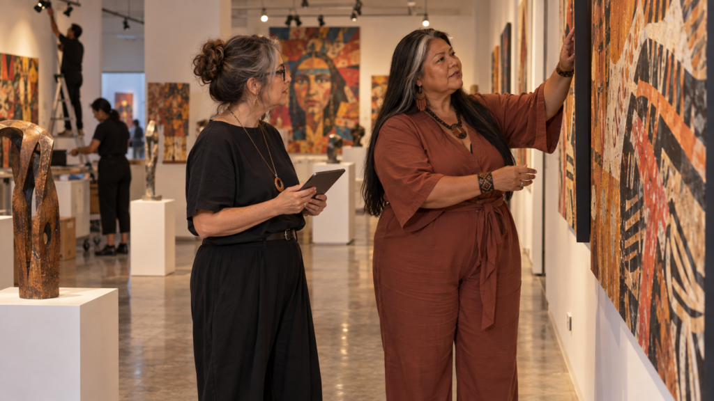 Artista plástica indígena de meia-idade preparando uma exposição em galeria.