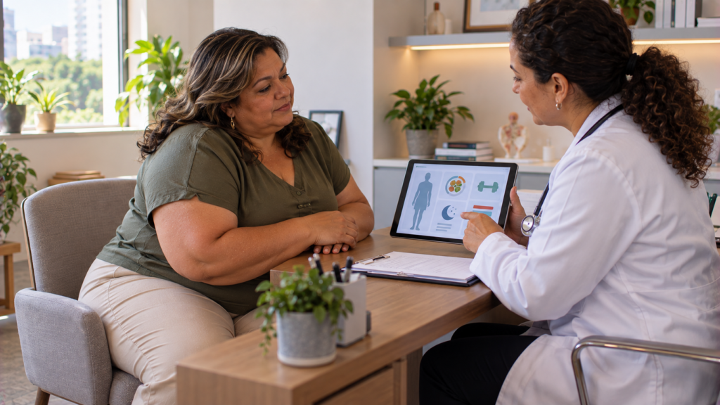 Mulher de meia-idade conversando com endocrinologista sobre tratamento clínico da obesidade.