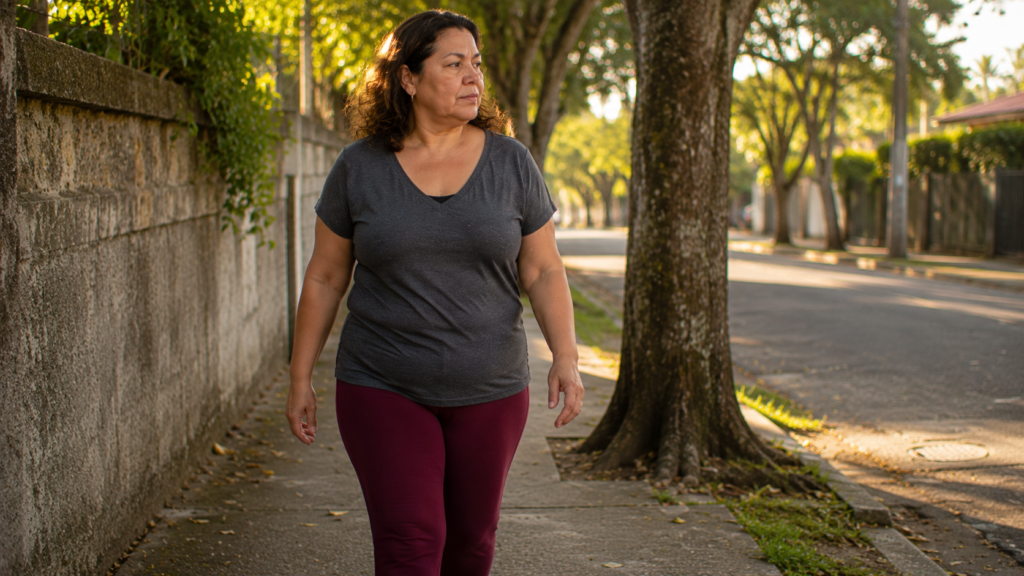 Mulher de meia-idade caminhando tranquilamente em bairro arborizado.