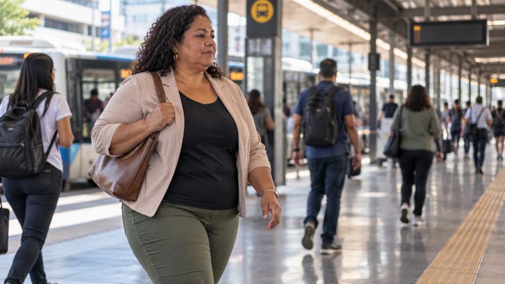 Mulher de meia-idade caminhando durante seu deslocamento cotidiano.