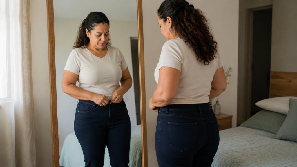 Mulher de meia-idade ajustando a roupa diante do espelho durante uma mudança corporal cotidiana.