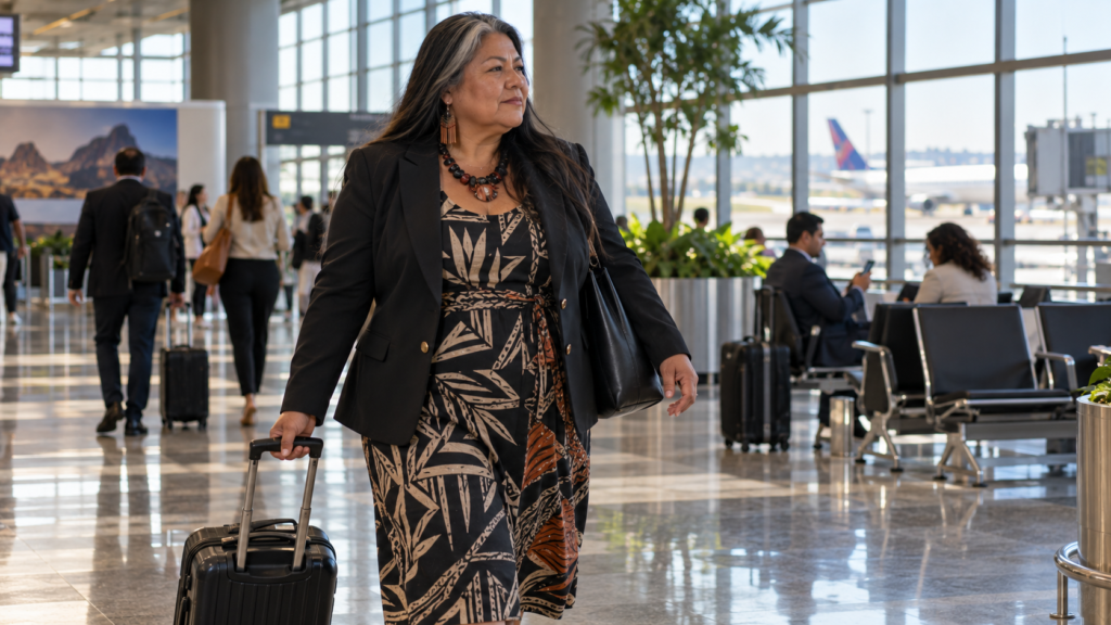Mulher profissional de meia-idade caminhando em aeroporto durante uma viagem de trabalho.