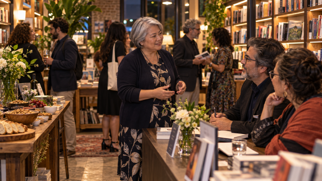 Empresária brasileira de meia-idade organizando evento em livraria com buffet variado ao fundo.