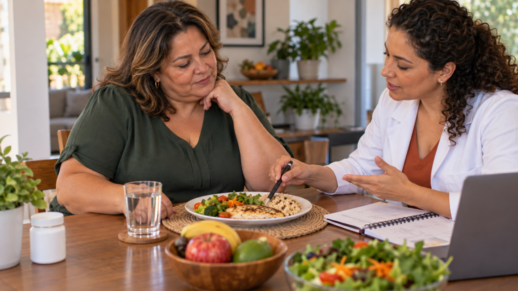 Mulher conversando com nutricionista sobre alimentação e suplementação de ômega-3.