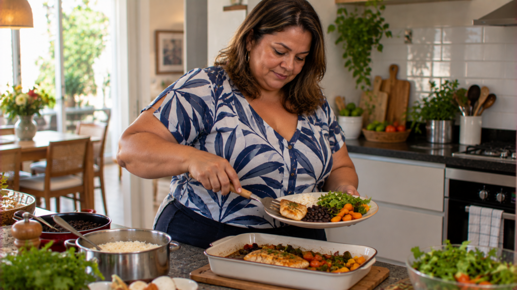 Mulher de meia-idade preparando refeição com peixe e alimentos variados.