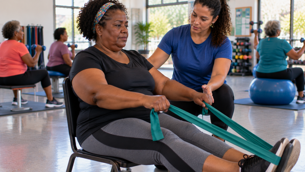 Mulher de meia-idade realizando exercício resistido com orientação profissional.