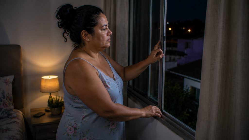 Mulher de meia-idade ventilando o quarto durante um episódio de calor noturno.