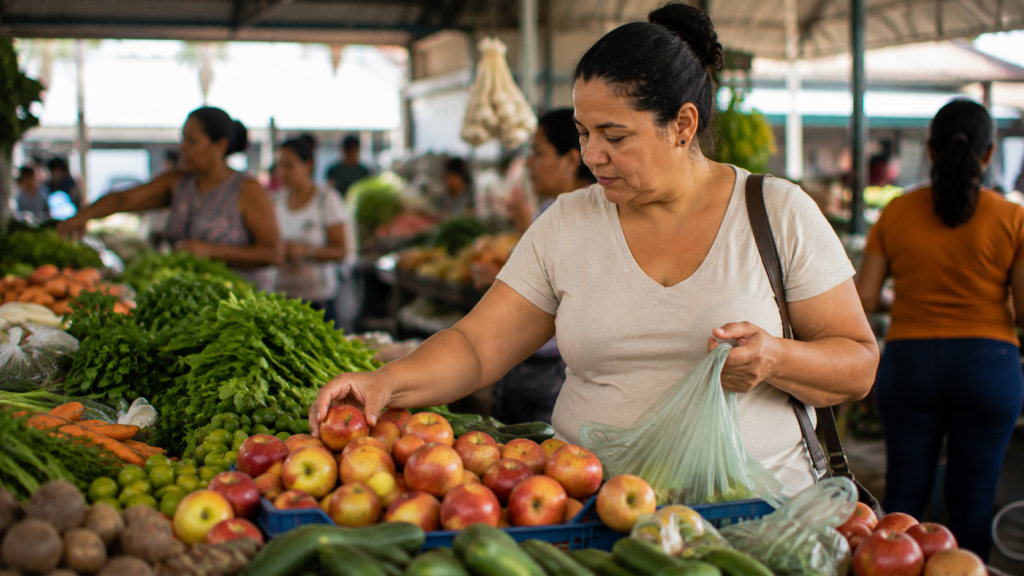 Mulher de meia-idade escolhendo frutas e hortaliças em feira livre.