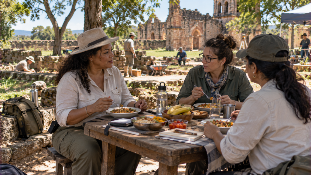 Arqueóloga brasileira de meia-idade fazendo pausa para almoço durante trabalho de campo.