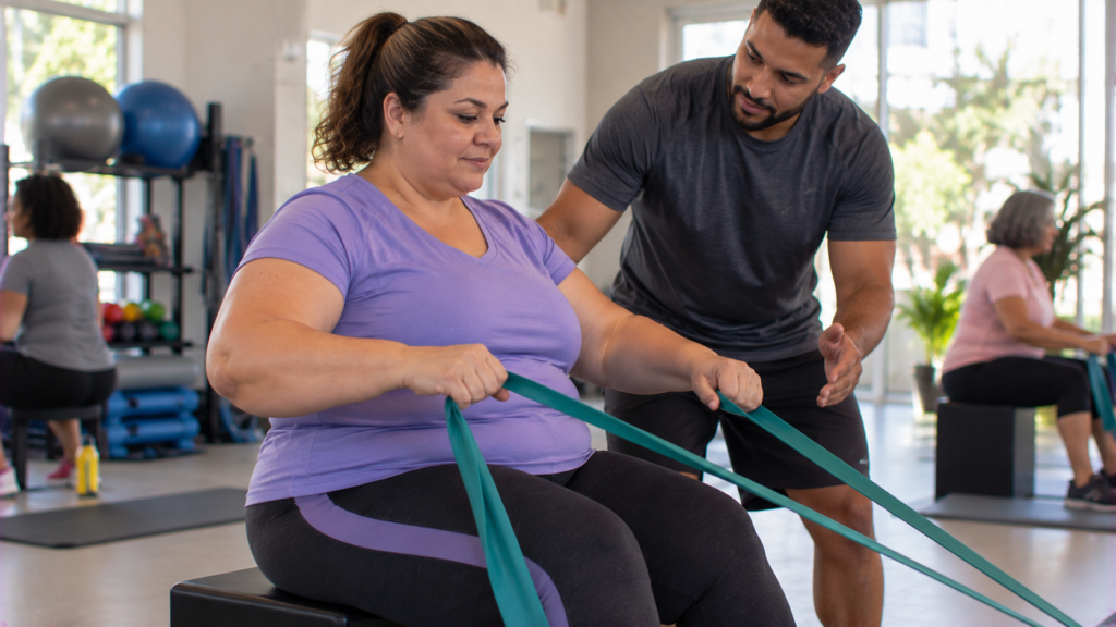 Mulher de meia-idade realizando exercício de força supervisionado para saúde muscular.