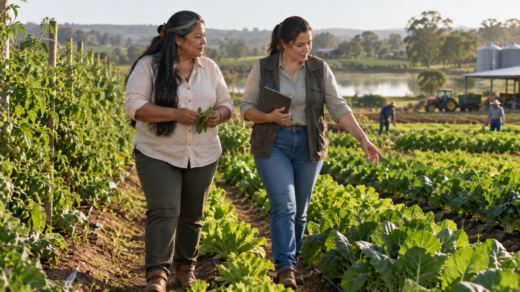 Empresária rural indígena de meia-idade caminhando pela propriedade durante atividade profissional.