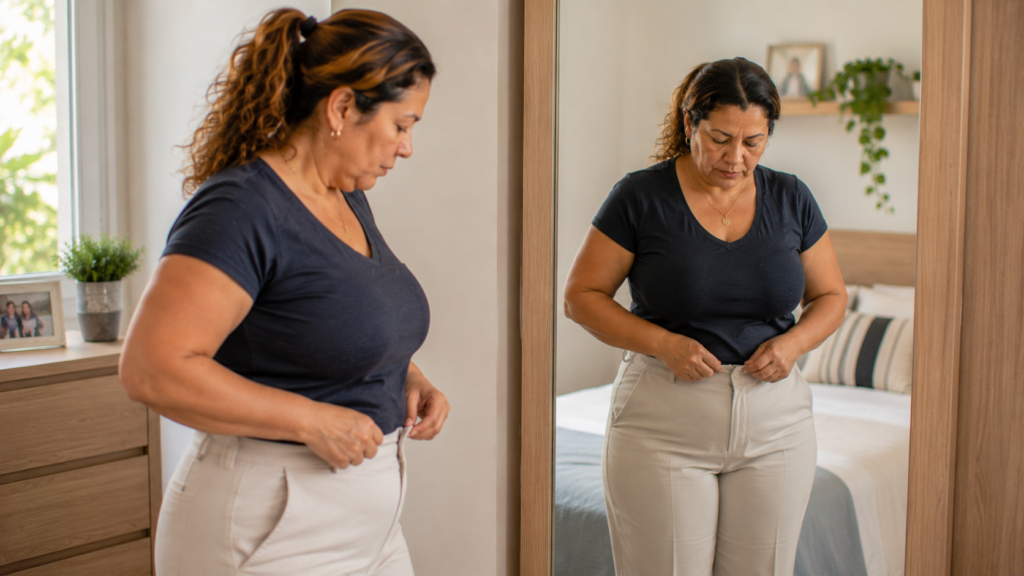 Mulher de meia-idade observando naturalmente o caimento da roupa durante a menopausa.