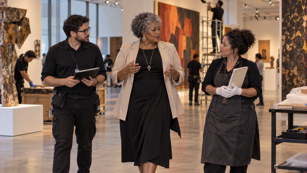 Curadora brasileira negra de meia-idade coordenando montagem de exposição em museu.