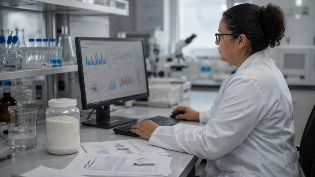 Pesquisadora analisando dados científicos sobre suplemento em ambiente de laboratório.