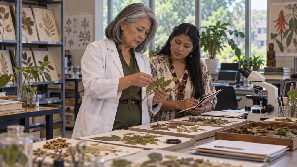 Pesquisadoras brasileiras examinando plantas medicinais em herbário universitário.