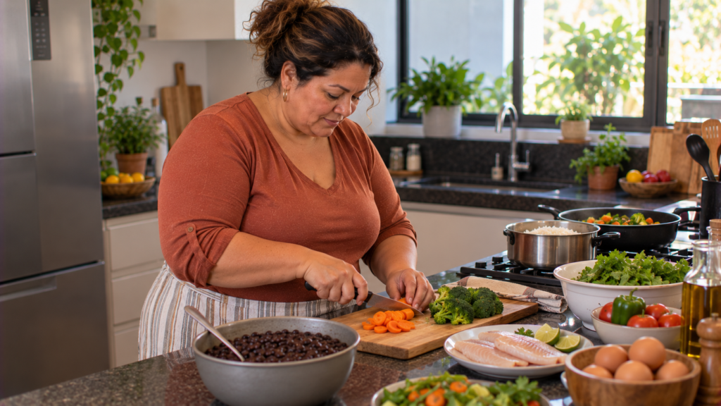 Mulher de meia-idade preparando refeição com diferentes fontes alimentares de proteína.