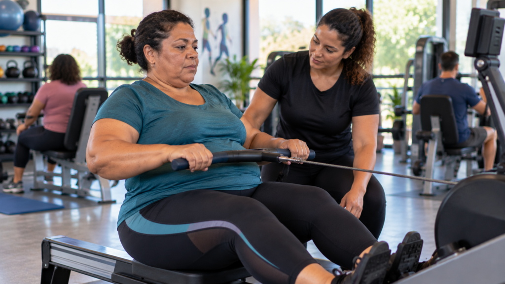 Mulher de meia-idade realizando exercício resistido sob orientação profissional.