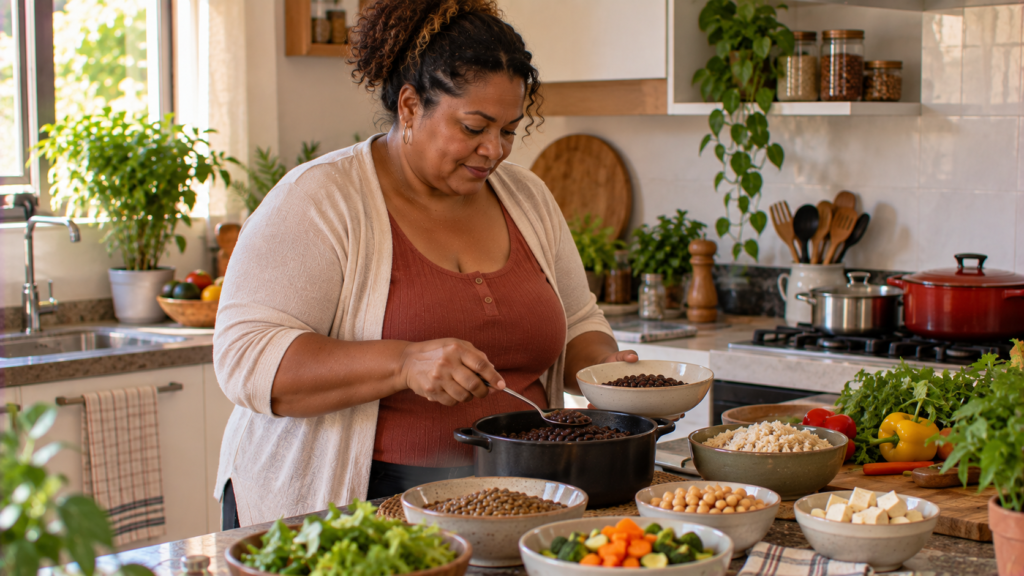 Mulher de meia-idade preparando refeição com feijão, lentilha, grão-de-bico e outros alimentos.