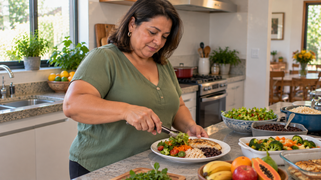 Mulher de meia-idade preparando refeição brasileira equilibrada com diferentes grupos alimentares.