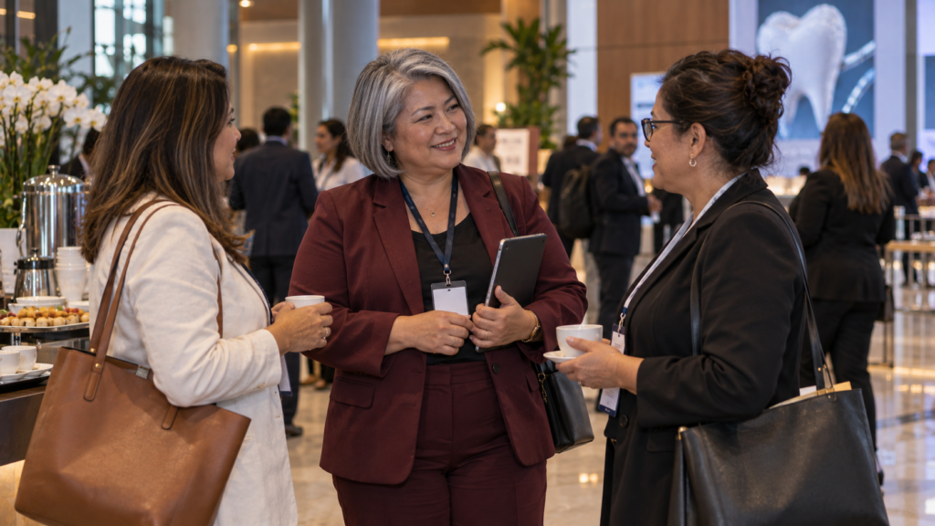 Profissional brasileira de saúde de meia-idade conversando com colegas em congresso científico.