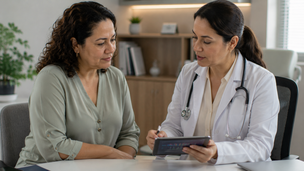 Mulher de meia-idade conversando com médica sobre terapia hormonal durante a menopausa.