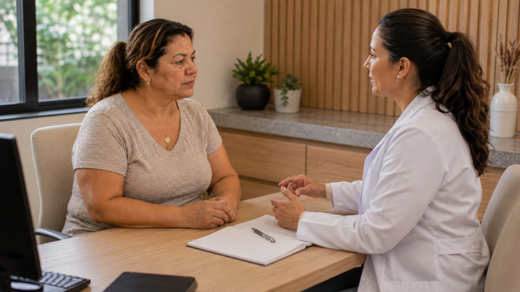 Mulher de meia-idade conversando com médica sobre terapia hormonal na menopausa.