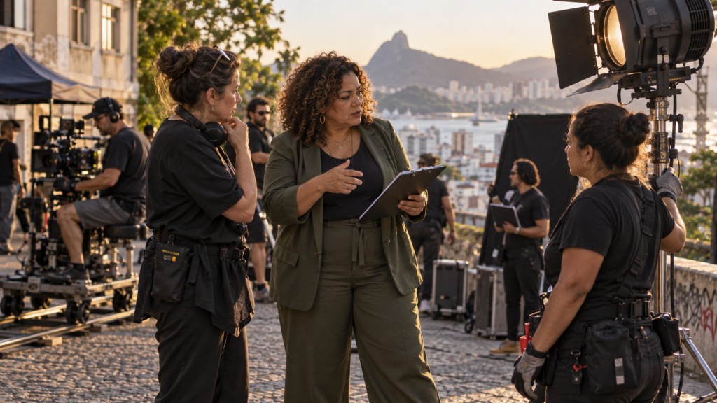 Produtora brasileira de meia-idade coordenando equipe em set de filmagem.