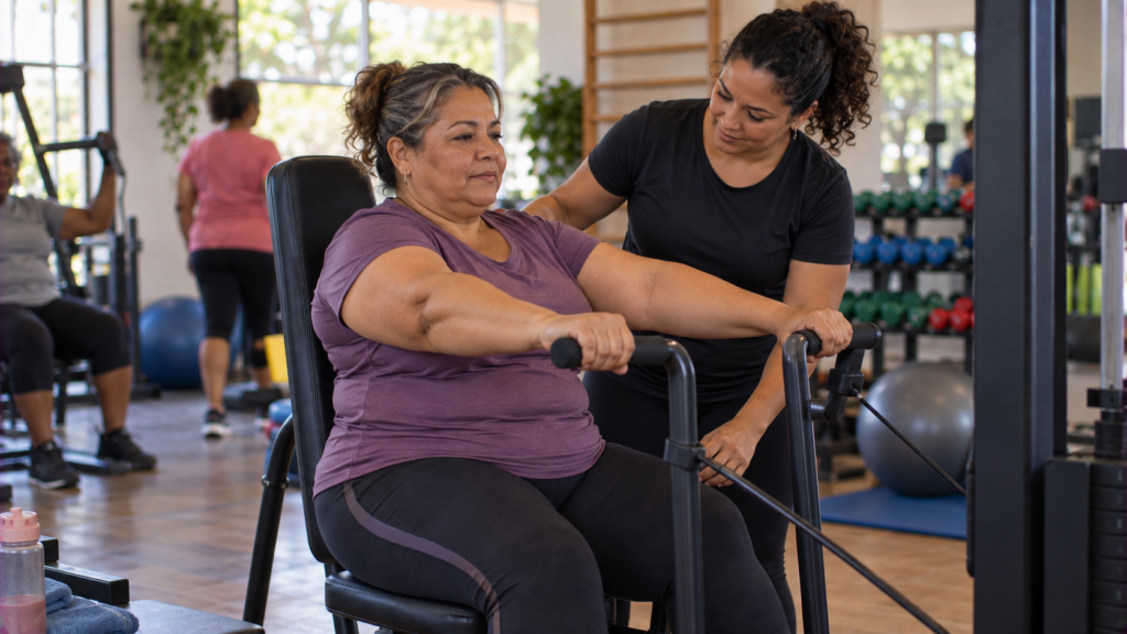 Mulher de meia-idade realizando exercício de resistência sob orientação profissional.