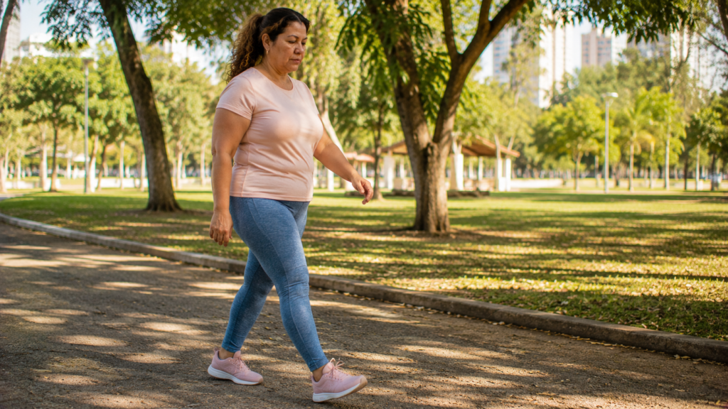 Mulher de meia-idade caminhando em parque urbano durante a menopausa.