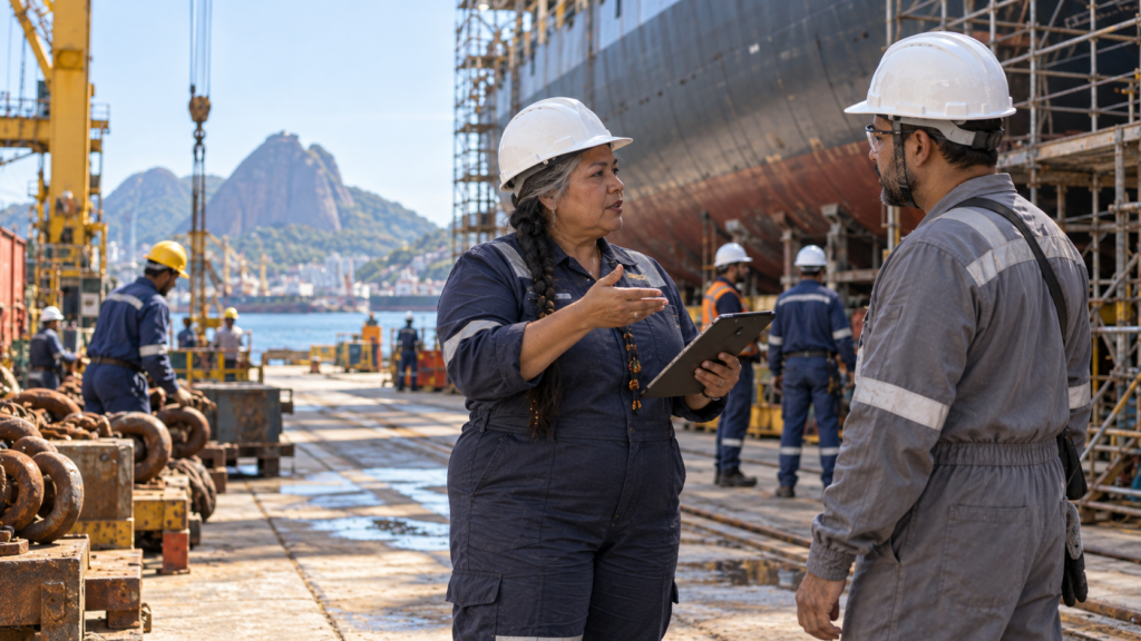 Engenheira naval indígena brasileira de meia-idade trabalhando em estaleiro.