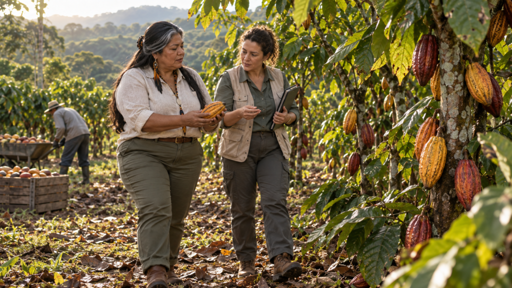 Empresária indígena brasileira caminhando com engenheira agrônoma em propriedade rural.