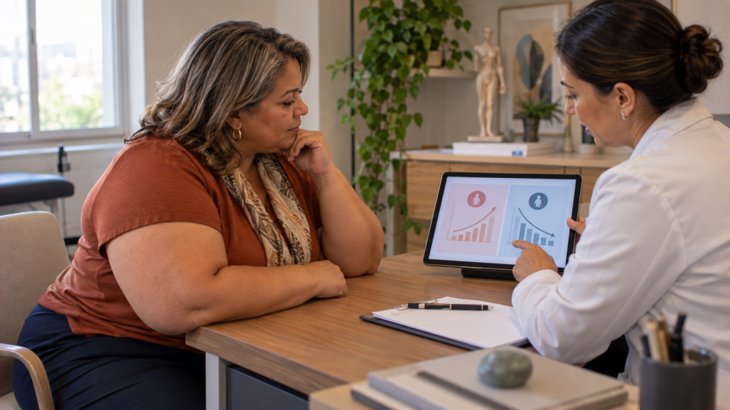 Mulher de meia-idade conversando com endocrinologista sobre diferentes opções de tratamento da obesidade.