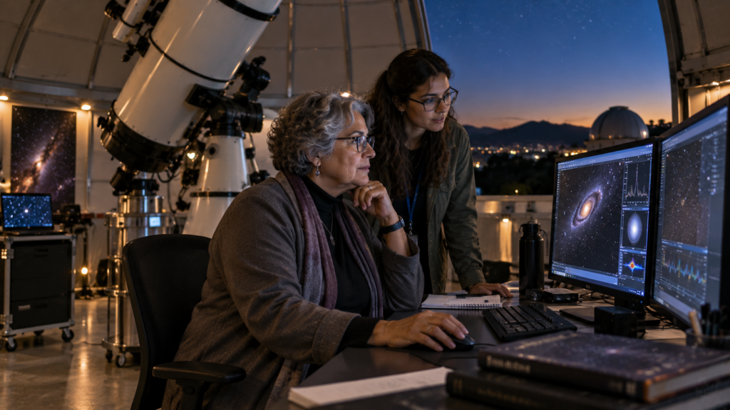 Astrônoma brasileira de meia-idade trabalhando à noite em observatório.