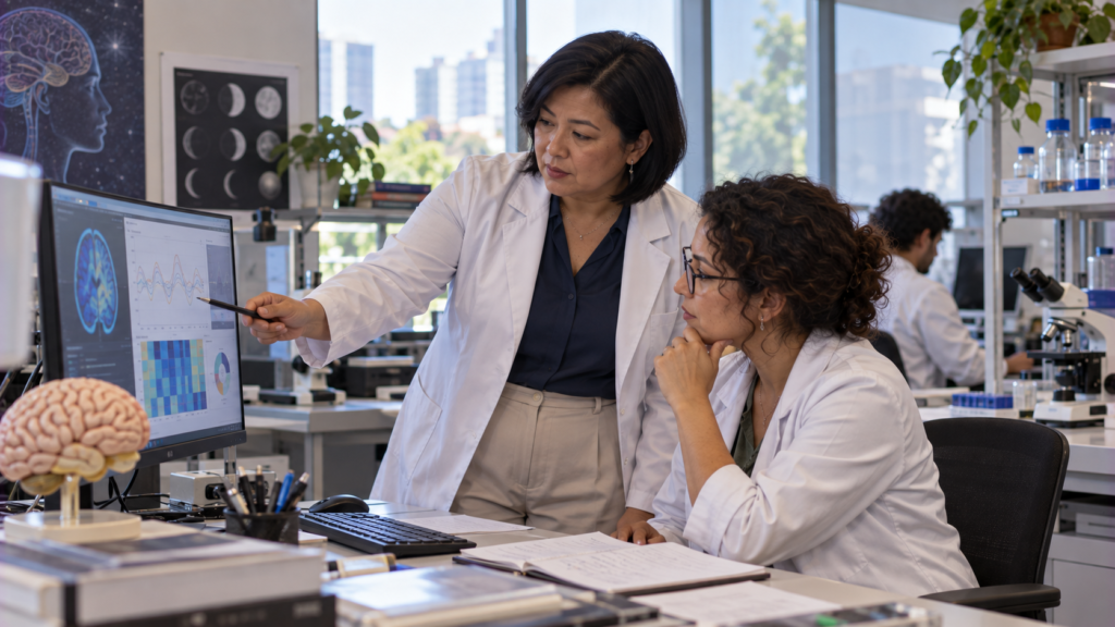 Pesquisadora brasileira analisando informações sobre sono em laboratório universitário.