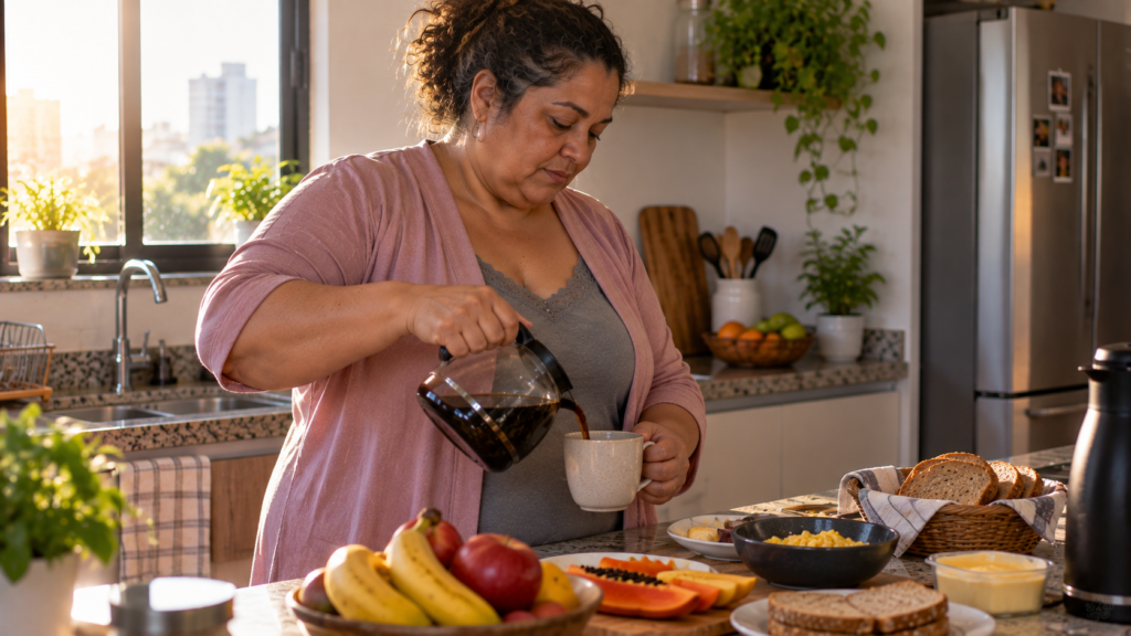 Mulher de meia-idade preparando café da manhã depois de uma noite de sono ruim.