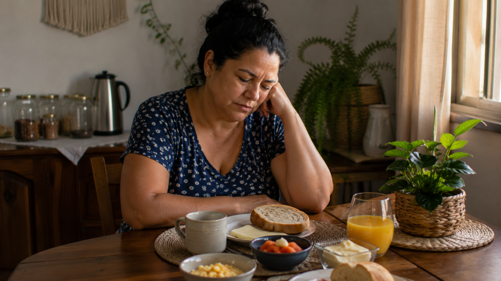 Mulher de meia-idade tomando café da manhã após uma noite de sono interrompido.