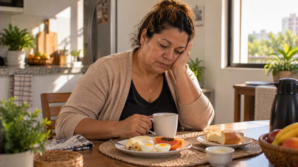 Mulher de meia-idade tomando café da manhã após uma noite de sono ruim.